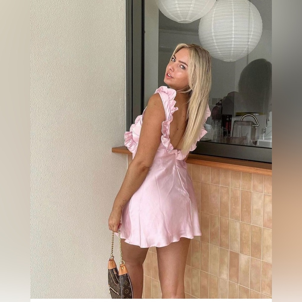 Pink satin scoop back frill ruffle mini dress